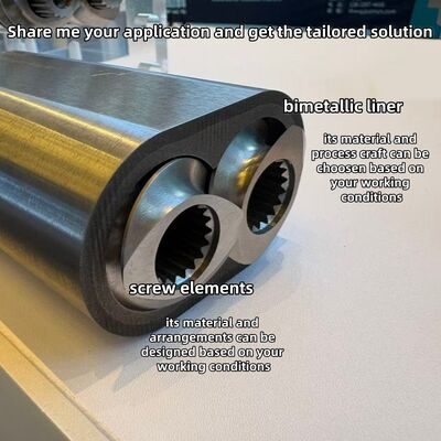 ट्विन स्क्रू एक्सट्रूडर में बढ़े हुए पहनने के प्रतिरोध के लिए Ni60 मिश्र धातु लाइनर के साथ संक्षारण प्रतिरोधी एक्सट्रूडर स्क्रू बैरल